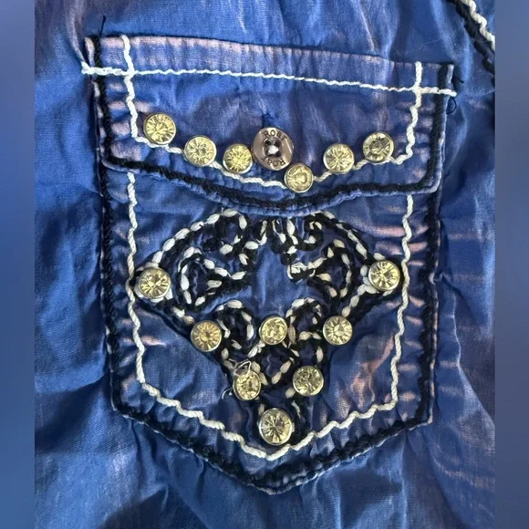 391 Roar Western Cowboy Top Blue Purple Embroidered Gem Shirt Large - Picture 3 of 9